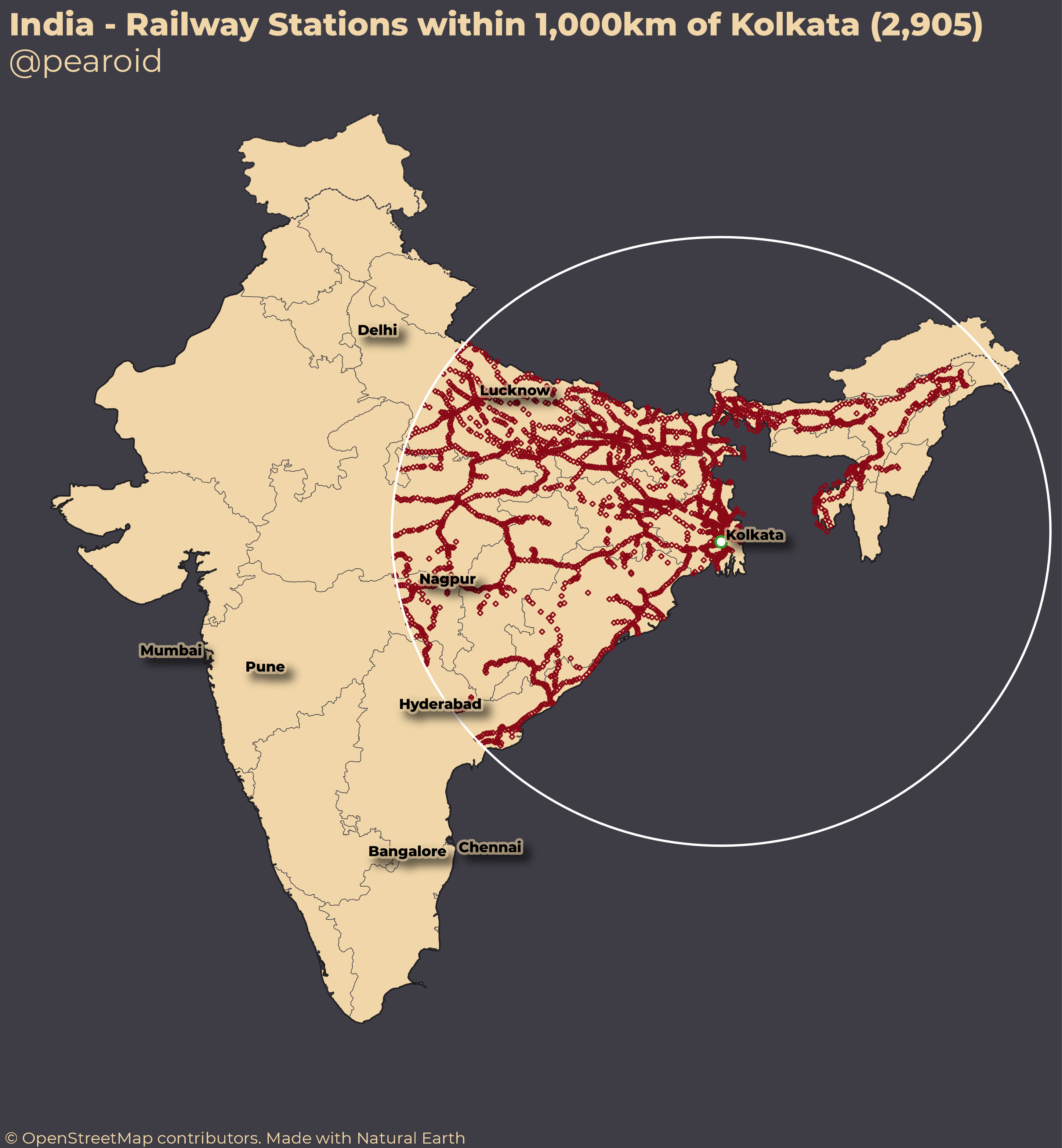 Every Railway Station within 1,000km of Kolkata