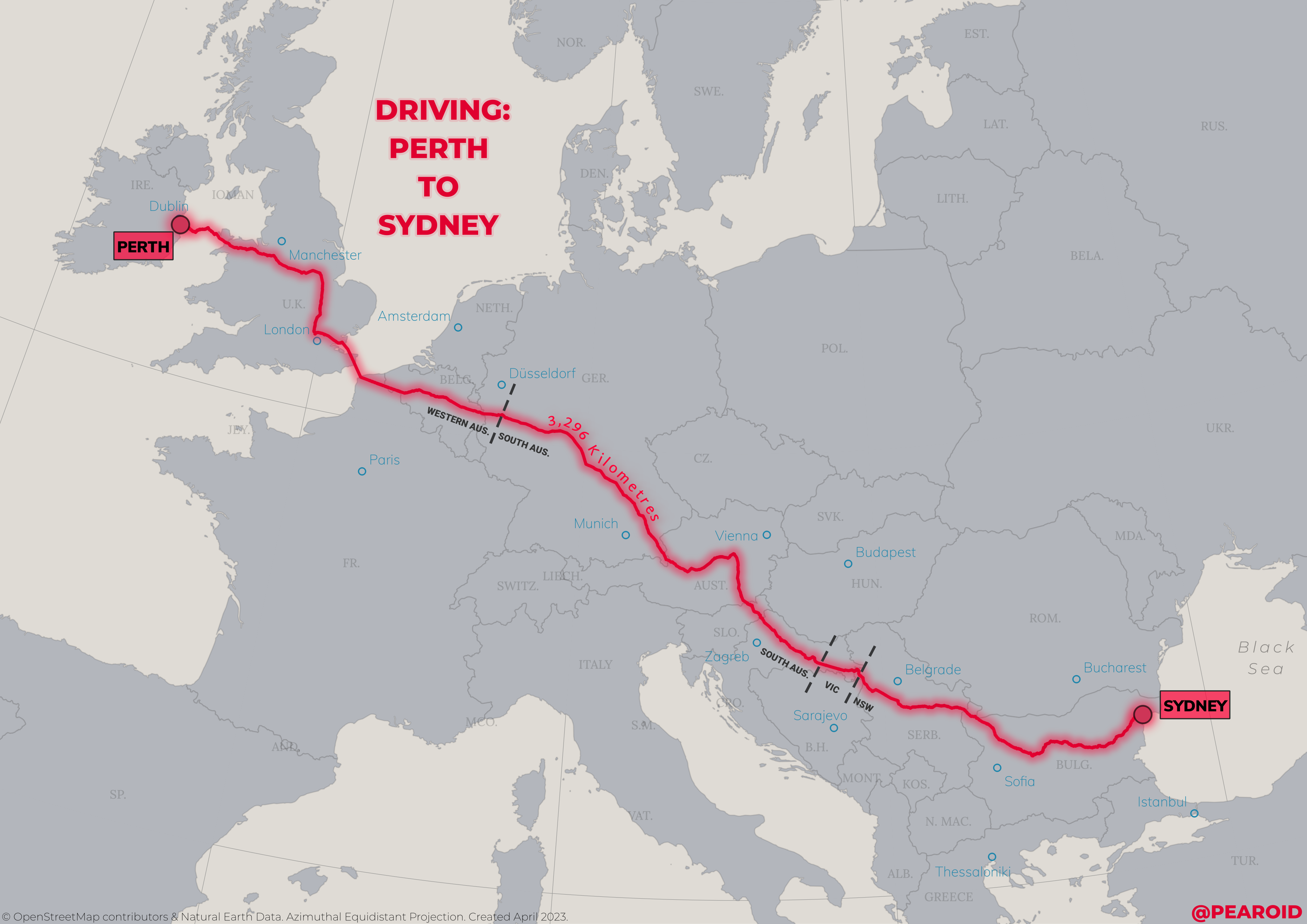 Driving Route from Perth to Sydney overlaid on Europe