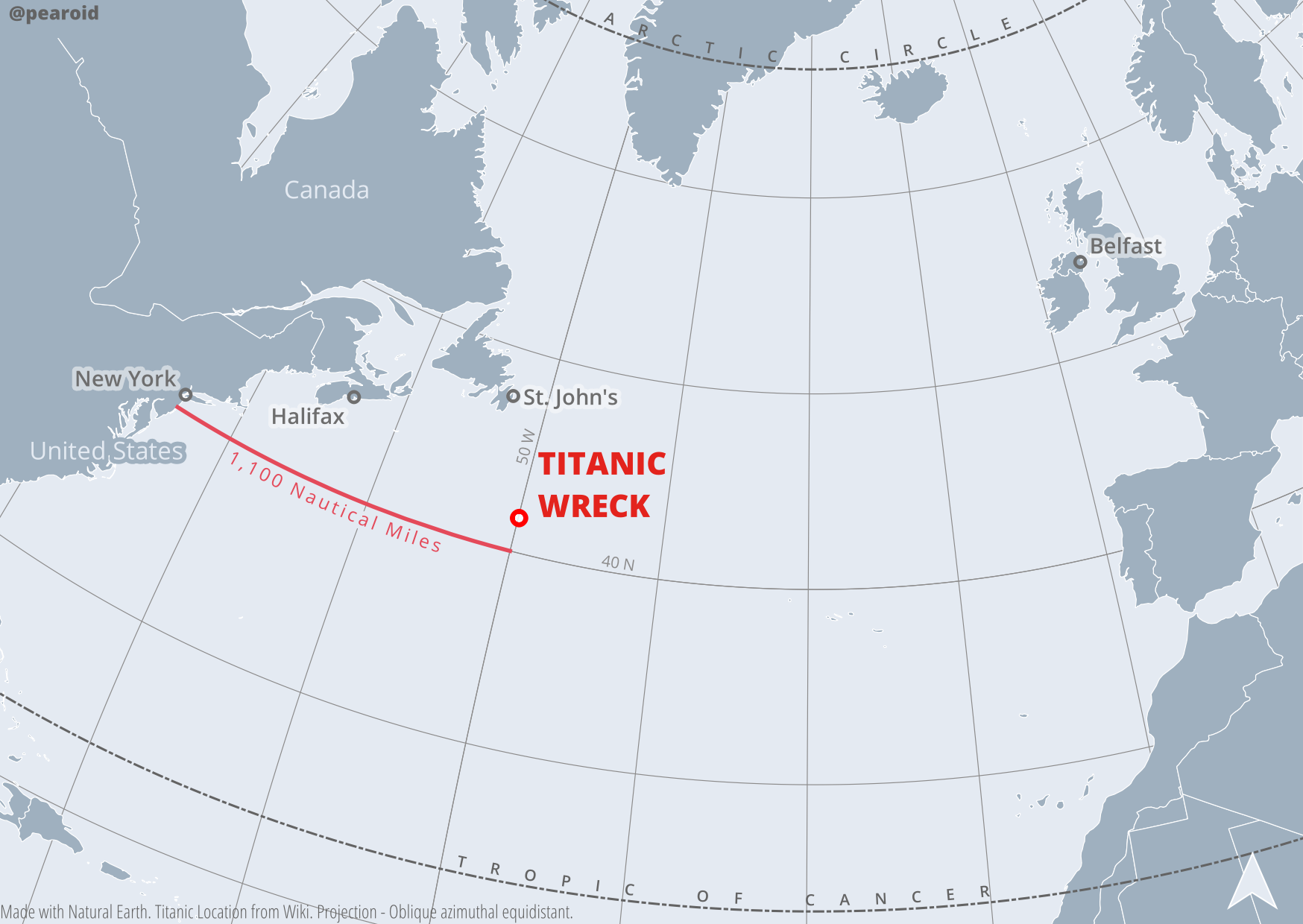 Titanic Wreck Location with Graticules Included