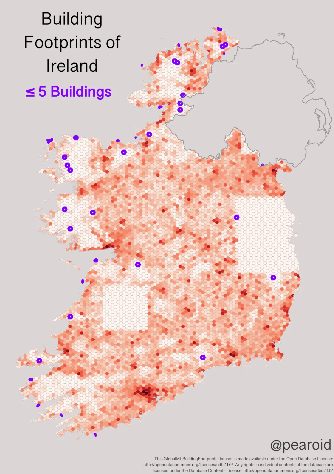 Less than or equal to 5 buildings per hexagon