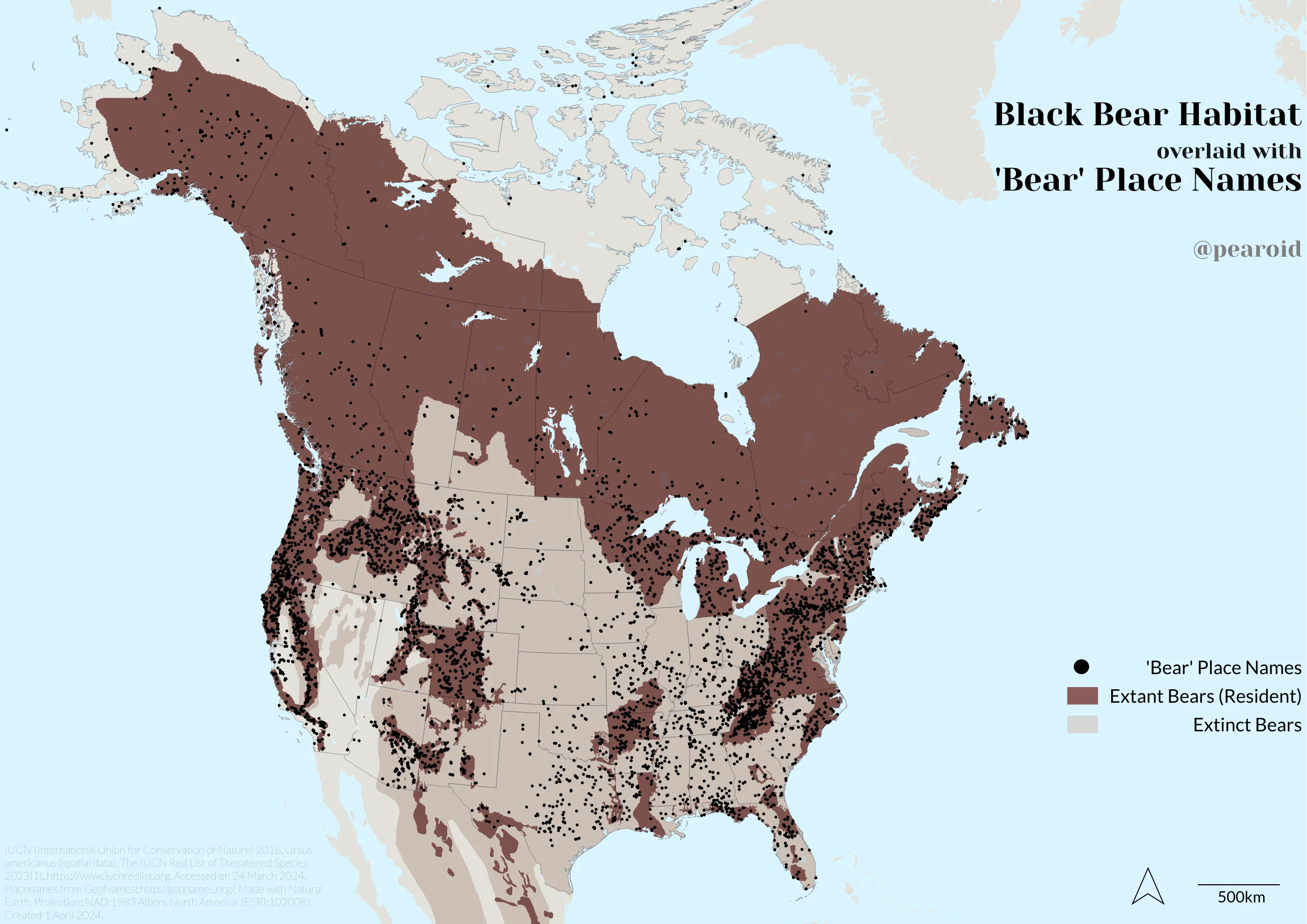 Black bear habitat overlaid with place names containing 'bear'